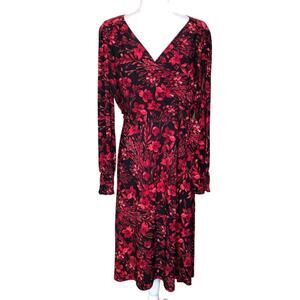 Tommy Hilfiger Long Sleeve Midi Dress Faux Wrap V-neck Floral Red Black‎ Elegant